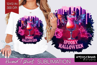 Neon Halloween T Shirt Background - Cocktail Round PNG Sublimation OrangeBrushStudio 