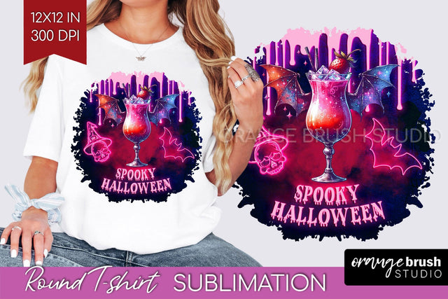 Neon Halloween T Shirt Background - Cocktail Round PNG Sublimation OrangeBrushStudio 