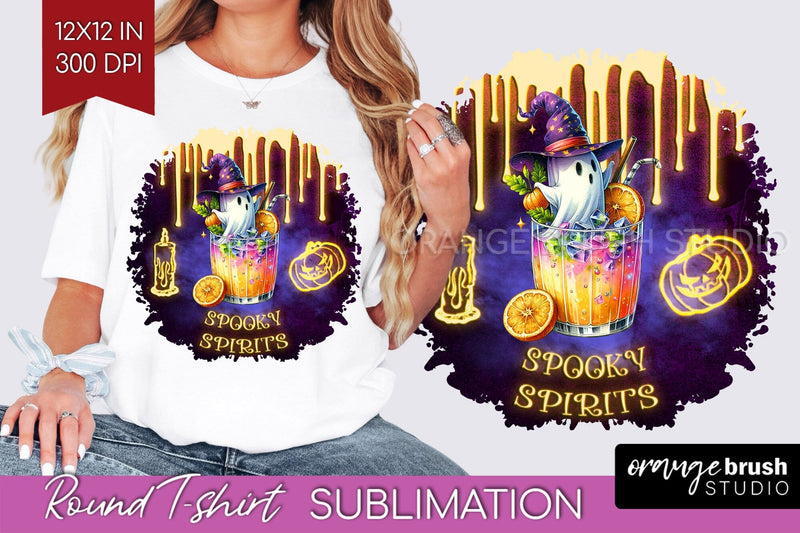 Neon Halloween T Shirt Background - Cocktail Round PNG Sublimation OrangeBrushStudio 