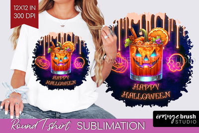 Neon Halloween T Shirt Background - Cocktail Round PNG Sublimation OrangeBrushStudio 