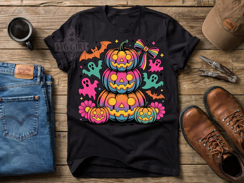 Neon Halloween Vibes T-Shirt PNG, Rainbow Pumpkins, Glowing Ghosts, Orange Bats, Sublimation PNG, Trendy Design, Festive Vibes Sublimation SvggirlplusArt 