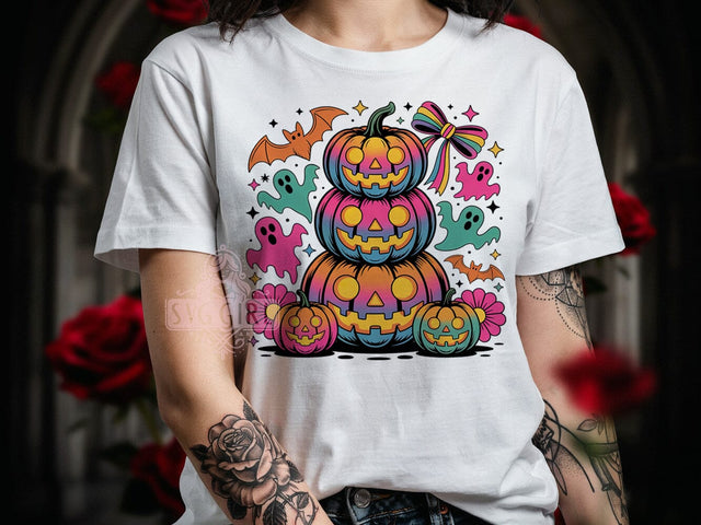Neon Halloween Vibes T-Shirt PNG, Rainbow Pumpkins, Glowing Ghosts, Orange Bats, Sublimation PNG, Trendy Design, Festive Vibes Sublimation SvggirlplusArt 