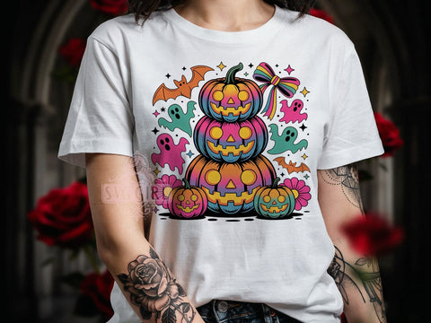 Neon Halloween Vibes T-Shirt PNG, Rainbow Pumpkins, Glowing Ghosts, Orange Bats, Sublimation PNG, Trendy Design, Festive Vibes Sublimation SvggirlplusArt 