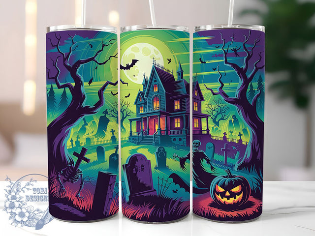 Neon Haunted House Halloween Tumbler, Neon Spooky Wrap, Scary Drinkware Design, Haunted House Cup, Gothic Halloween Gift, Creepy Sublimation Wrap, Horror Party Tumbler Sublimation ToriDesigns 