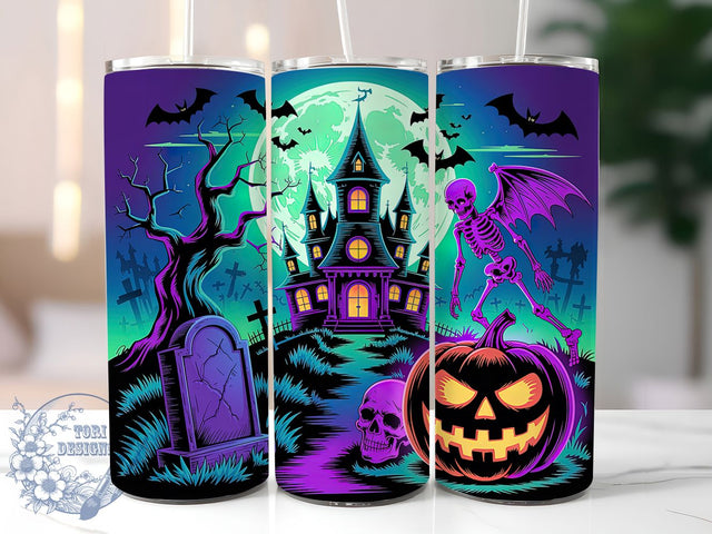 Neon Haunted House Halloween Tumbler, Neon Spooky Wrap, Scary Drinkware Design, Haunted House Cup, Gothic Halloween Gift, Creepy Sublimation Wrap, Horror Party Tumbler Sublimation ToriDesigns 