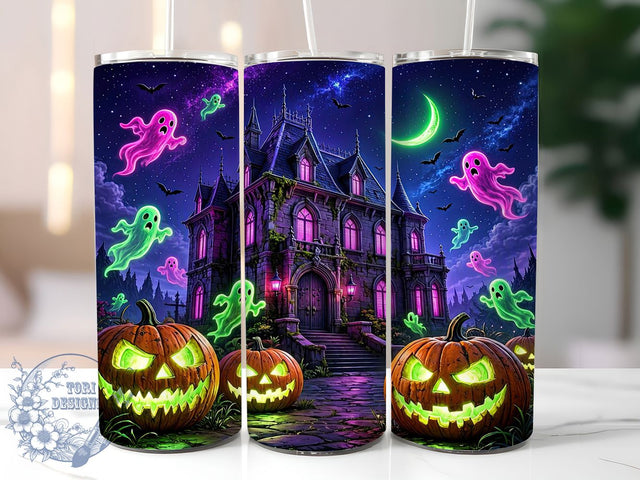Neon Haunted Mansion Glow 20oz Tumbler, Mansion Motif, Haunted Theme, Neon Accent, Glow Art Design, Gothic Flair, Sublimation Wrap, 20oz Tumbler Sublimation ToriDesigns 