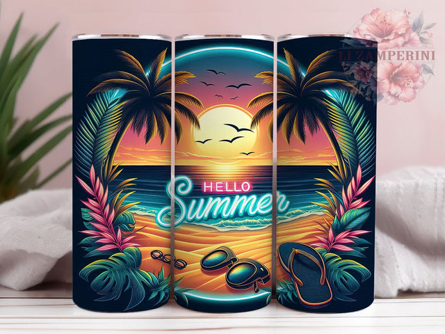 Neon Hello Summer 20oz Tumbler Wrap PNG, Summer Tumbler Png, Straight & Tapered Tumbler Wrap, Instant Digital Download Sublimation Li Zamperini 
