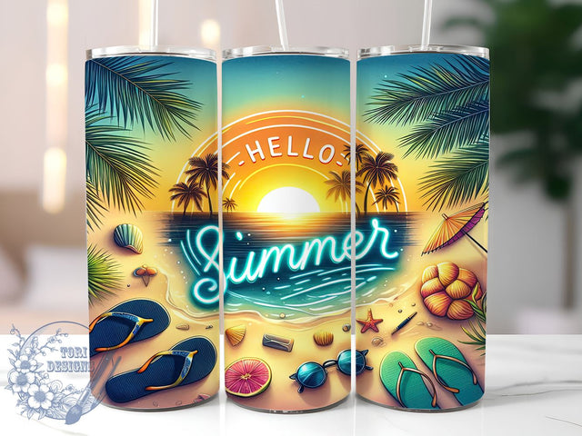 Neon Hello Summer Palm Trees Beach 20oz Skinny Tumbler, Hello Summer Tumbler Png, Straight & Tapered Tumbler Wrap, Instant Digital Download Sublimation ToriDesigns 