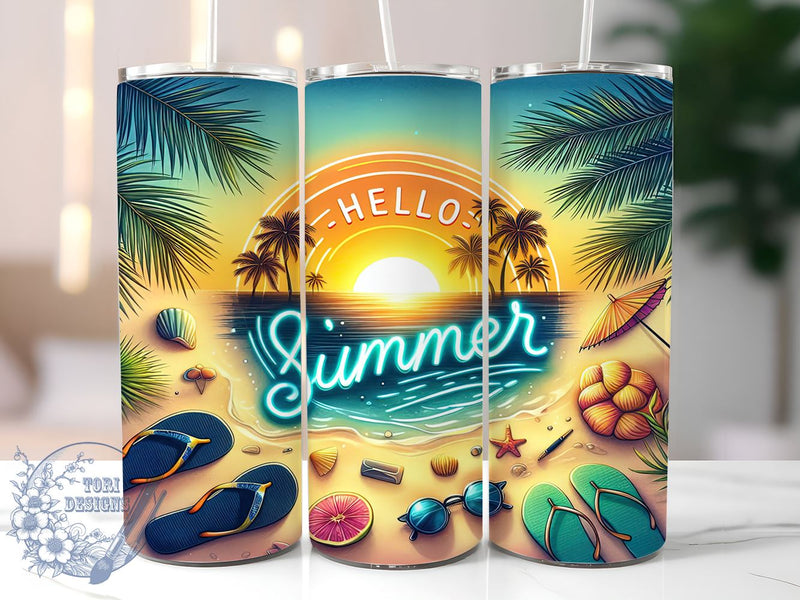 Neon Hello Summer Palm Trees Beach 20oz Skinny Tumbler, Hello Summer Tumbler Png, Straight & Tapered Tumbler Wrap, Instant Digital Download Sublimation ToriDesigns 