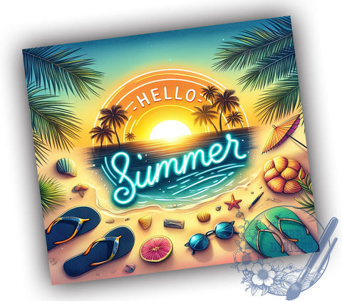 Neon Hello Summer Palm Trees Beach 20oz Skinny Tumbler, Hello Summer Tumbler Png, Straight & Tapered Tumbler Wrap, Instant Digital Download Sublimation ToriDesigns 