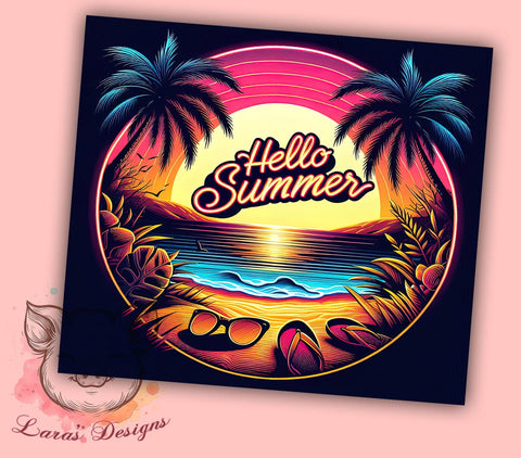 Neon Hello Summer Palm Trees Beach 20oz Tumbler Png, Straight & Tapered Tumbler Png, Hello Summer Tumbler Png, Digital Download PNG Sublimation Lara' s Designs 