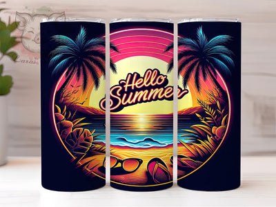 Neon Hello Summer Palm Trees Beach 20oz Tumbler Png, Straight & Tapered Tumbler Png, Hello Summer Tumbler Png, Digital Download PNG Sublimation Lara' s Designs 