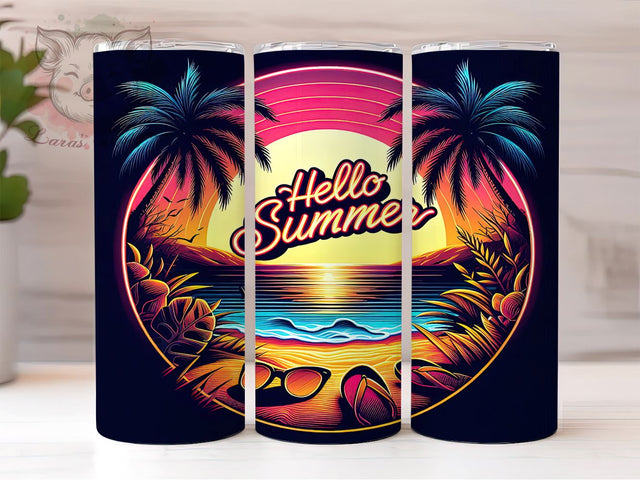 Neon Hello Summer Palm Trees Beach 20oz Tumbler Png, Straight & Tapered Tumbler Png, Hello Summer Tumbler Png, Digital Download PNG Sublimation Lara' s Designs 