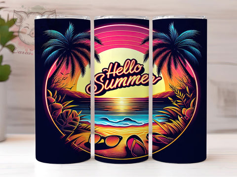 Neon Hello Summer Palm Trees Beach 20oz Tumbler Png, Straight & Tapered Tumbler Png, Hello Summer Tumbler Png, Digital Download PNG Sublimation Lara' s Designs 