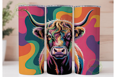 Neon Highland Cow 20oz Tumbler Wrap Sublimation PixelChick 
