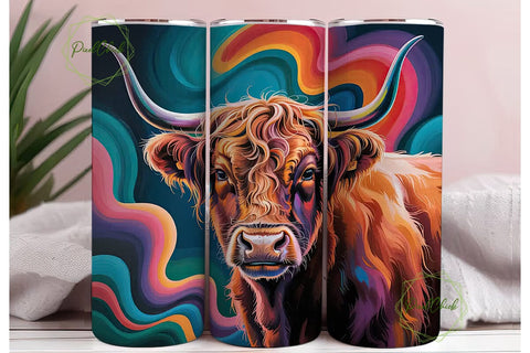 Neon Highland Cow 20oz Tumbler Wrap Sublimation PixelChick 