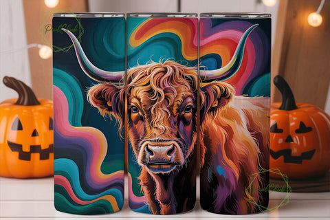 Neon Highland Cow 20oz Tumbler Wrap Sublimation PixelChick 