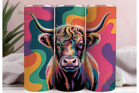 Neon Highland Cow 20oz Tumbler Wrap Sublimation PixelChick 