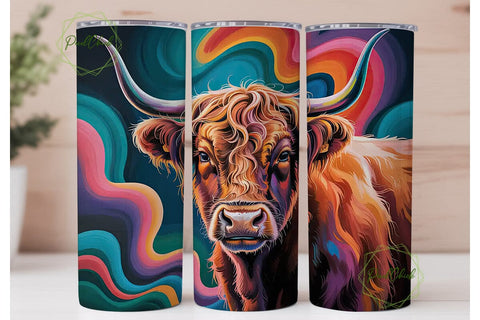 Neon Highland Cow 20oz Tumbler Wrap Sublimation PixelChick 