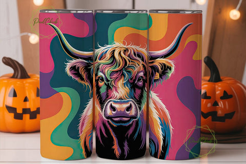 Neon Highland Cow 20oz Tumbler Wrap Sublimation PixelChick 