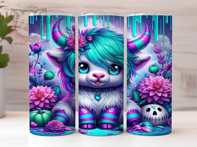 Neon Highland Cow Halloween Tumbler Wrap, Spooky Cow Tumbler, Creepy Pumpkin PNG, Halloween Sublimation Design, Cute Cow Halloween, 20OZ Tumbler Wrap, Funny Halloween Cup Sublimation Lara' s Designs 