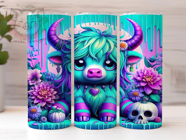 Neon Highland Cow Halloween Tumbler Wrap, Spooky Cow Tumbler, Creepy Pumpkin PNG, Halloween Sublimation Design, Cute Cow Halloween, 20OZ Tumbler Wrap, Funny Halloween Cup Sublimation Lara' s Designs 