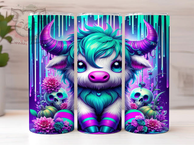 Neon Highland Cow Halloween Tumbler Wrap, Spooky Cow Tumbler, Creepy Pumpkin PNG, Halloween Sublimation Design, Cute Cow Halloween, 20OZ Tumbler Wrap, Funny Halloween Cup Sublimation Lara' s Designs 
