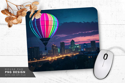 Neon Hot Air Balloon Over Cityscape at Night Mouse Pad Design Sublimation Regulrcrative 