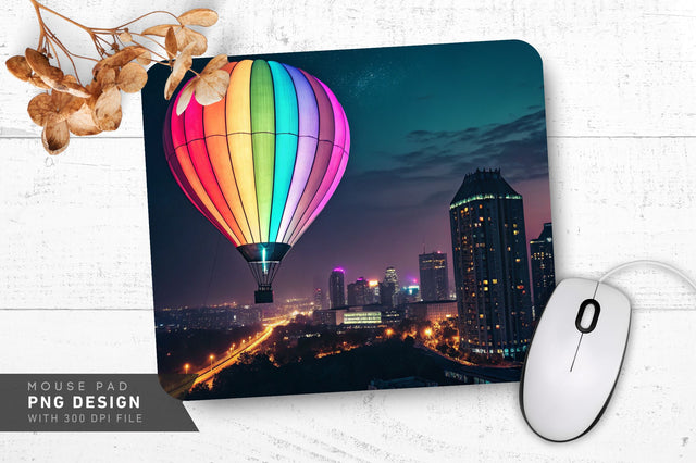 Neon Hot Air Balloon Over Cityscape at Night Mouse Pad Design Sublimation Regulrcrative 