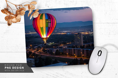 Neon Hot Air Balloon Over Cityscape at Night Mouse Pad Design Sublimation Regulrcrative 