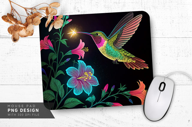 Neon Hummingbird with Glowing Flowers Mouse Pad Design Sublimation Regulrcrative 