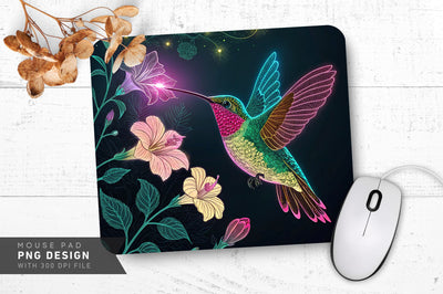 Neon Hummingbird with Glowing Flowers Mouse Pad Design Sublimation Regulrcrative 
