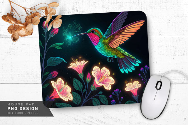 Neon Hummingbird with Glowing Flowers Mouse Pad Design Sublimation Regulrcrative 