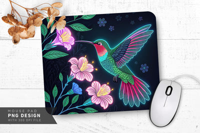 Neon Hummingbird with Glowing Flowers Mouse Pad Design Sublimation Regulrcrative 