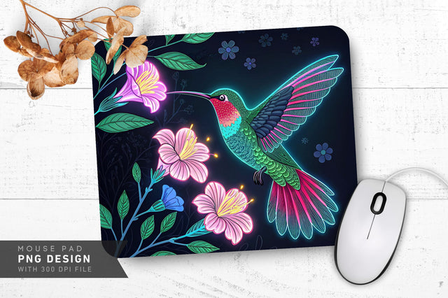 Neon Hummingbird with Glowing Flowers Mouse Pad Design Sublimation Regulrcrative 
