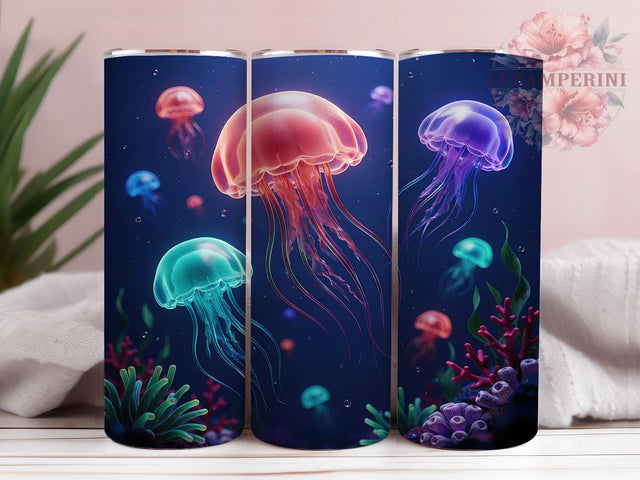 Neon Jellyfish Rainbow Sea 20oz Tumbler, Rainbow Ocean, Mystical Sea, Glowing Jellyfish, Underwater Magic, Skinny Tumbler, Sublimation PNG Sublimation Li Zamperini 