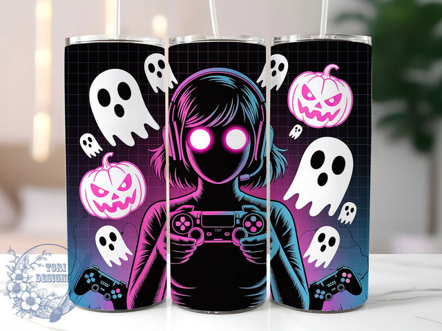 Neon Kawaii Gamer Girl Halloween Tumbler, Neon Halloween Wrap, Cute Spooky Cup, Kawaii Gamer Design, 20Oz Sublimation Wrap, Halloween Gaming Drinkware, Pastel Neon Ghost Sublimation ToriDesigns 