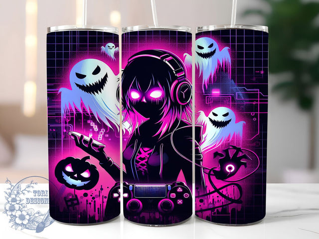 Neon Kawaii Gamer Girl Halloween Tumbler, Neon Halloween Wrap, Cute Spooky Cup, Kawaii Gamer Design, 20Oz Sublimation Wrap, Halloween Gaming Drinkware, Pastel Neon Ghost Sublimation ToriDesigns 