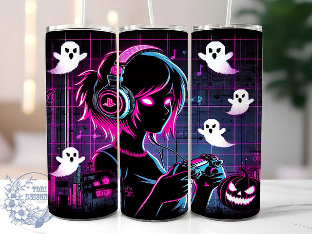 Neon Kawaii Gamer Girl Halloween Tumbler, Neon Halloween Wrap, Cute Spooky Cup, Kawaii Gamer Design, 20Oz Sublimation Wrap, Halloween Gaming Drinkware, Pastel Neon Ghost Sublimation ToriDesigns 