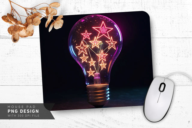 Neon Lightbulb with Stars Idea Symbol Mouse Pad Design Sublimation Regulrcrative 