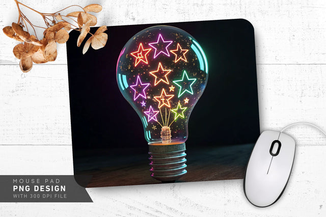 Neon Lightbulb with Stars Idea Symbol Mouse Pad Design Sublimation Regulrcrative 