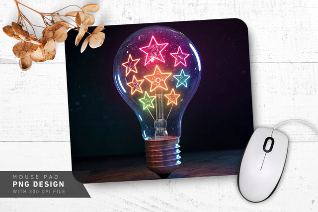 Neon Lightbulb with Stars Idea Symbol Mouse Pad Design Sublimation Regulrcrative 