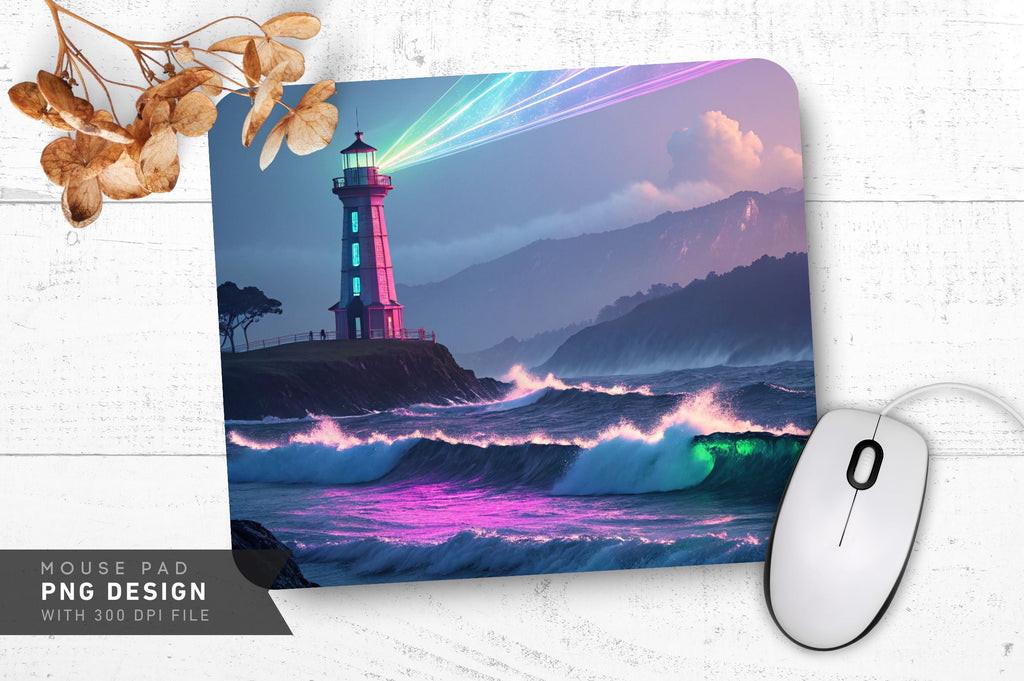 Neon Lighthouse Illuminating Waves Mouse Pad Design - So Fontsy
