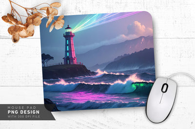 Neon Lighthouse Illuminating Waves Mouse Pad Design Sublimation Regulrcrative 