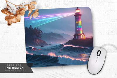 Neon Lighthouse Illuminating Waves Mouse Pad Design Sublimation Regulrcrative 