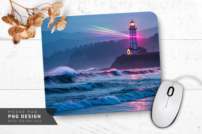 Neon Lighthouse Illuminating Waves Mouse Pad Design Sublimation Regulrcrative 