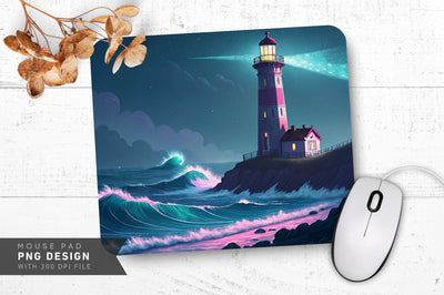 Neon Lighthouse Over Glowing Ocean Waves Mouse Pad Design Sublimation Regulrcrative 