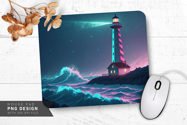 Neon Lighthouse Over Glowing Ocean Waves Mouse Pad Design Sublimation Regulrcrative 