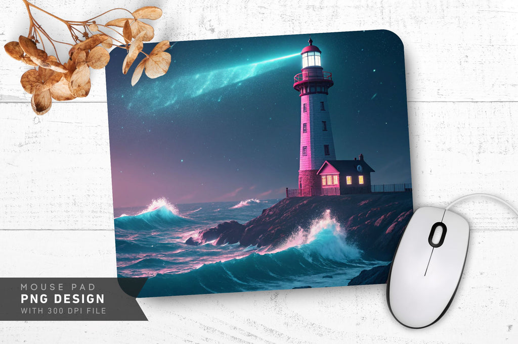 Neon Lighthouse Over Glowing Ocean Waves Mouse Pad Design - So Fontsy