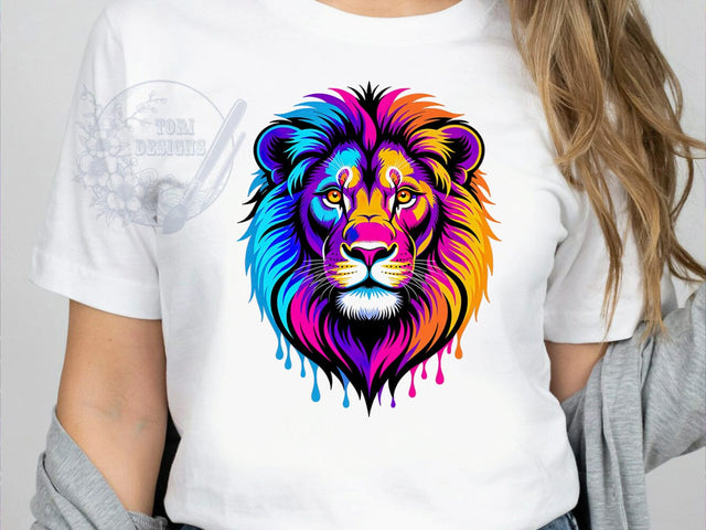 Neon Lion Majesty T-Shirt PNG, Neon Lion, Regal Majesty, Bold Spectrum, Vibrant Style, Sublimation PNG, Statement Shirt, Animal Fashion Sublimation ToriDesigns 